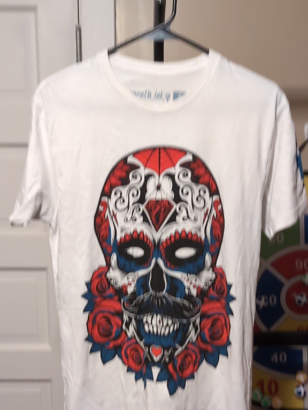 White Short-Sleeve Skull Graphic Tee with Red & Blue Floral Accents